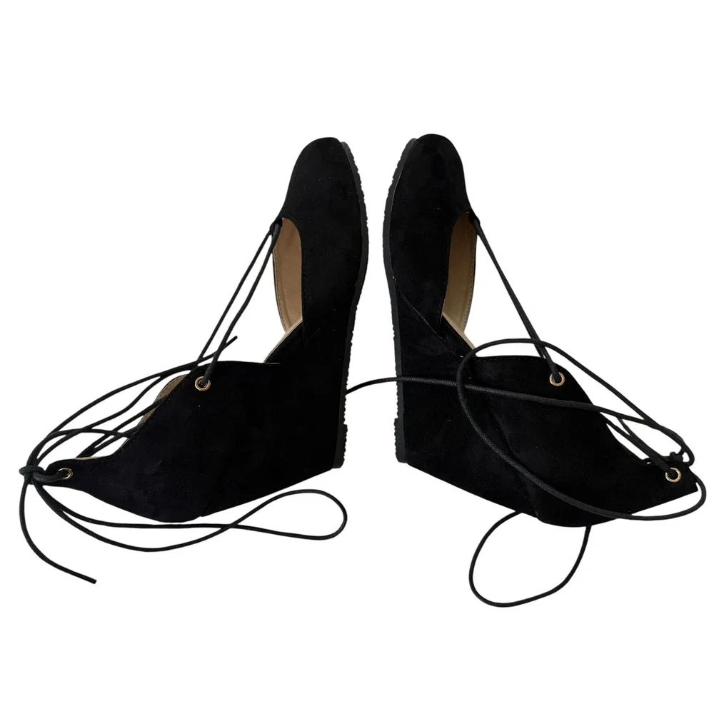 Bella Marie Black Suede Lace Up Wedge Heels Women's Dress‎ Shoes 7.5 #S-2